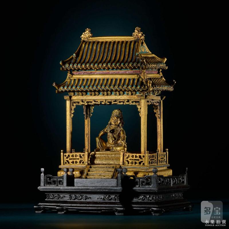 清康熙 （宫廷）铜鎏金黄财神填珐琅殿式佛龛（一组） - 图3